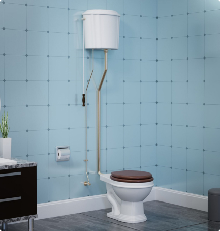 High tank toilet with wooden seat