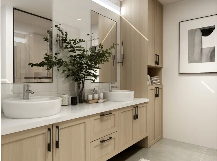 Modern bathroom with double vanity, vessel sinks, white countertop, light wood cabinetry, black hardware, large mirrors, and soft lighting. 