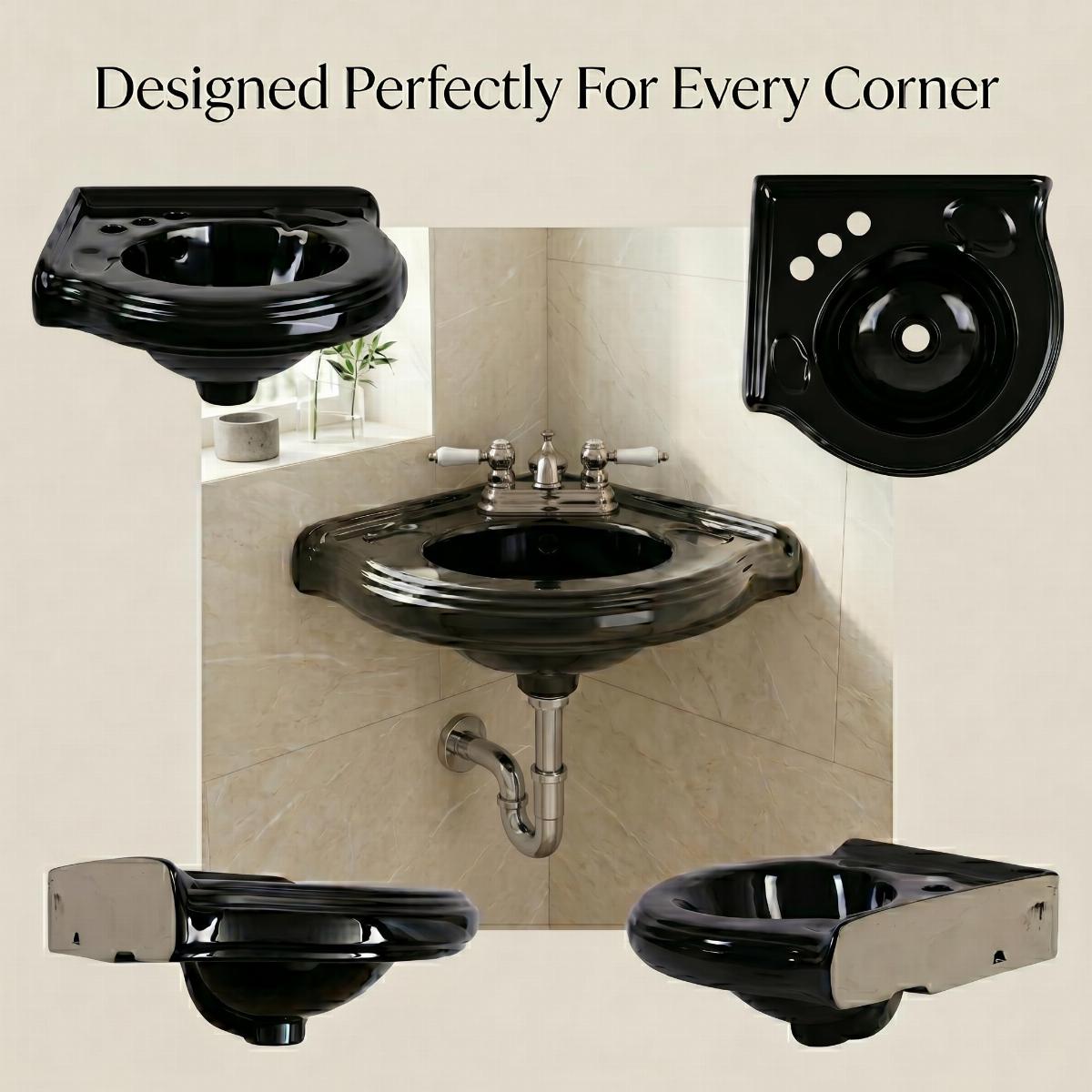 Small Corner Bathroom Sink Wall Mount Black Centerset image-5