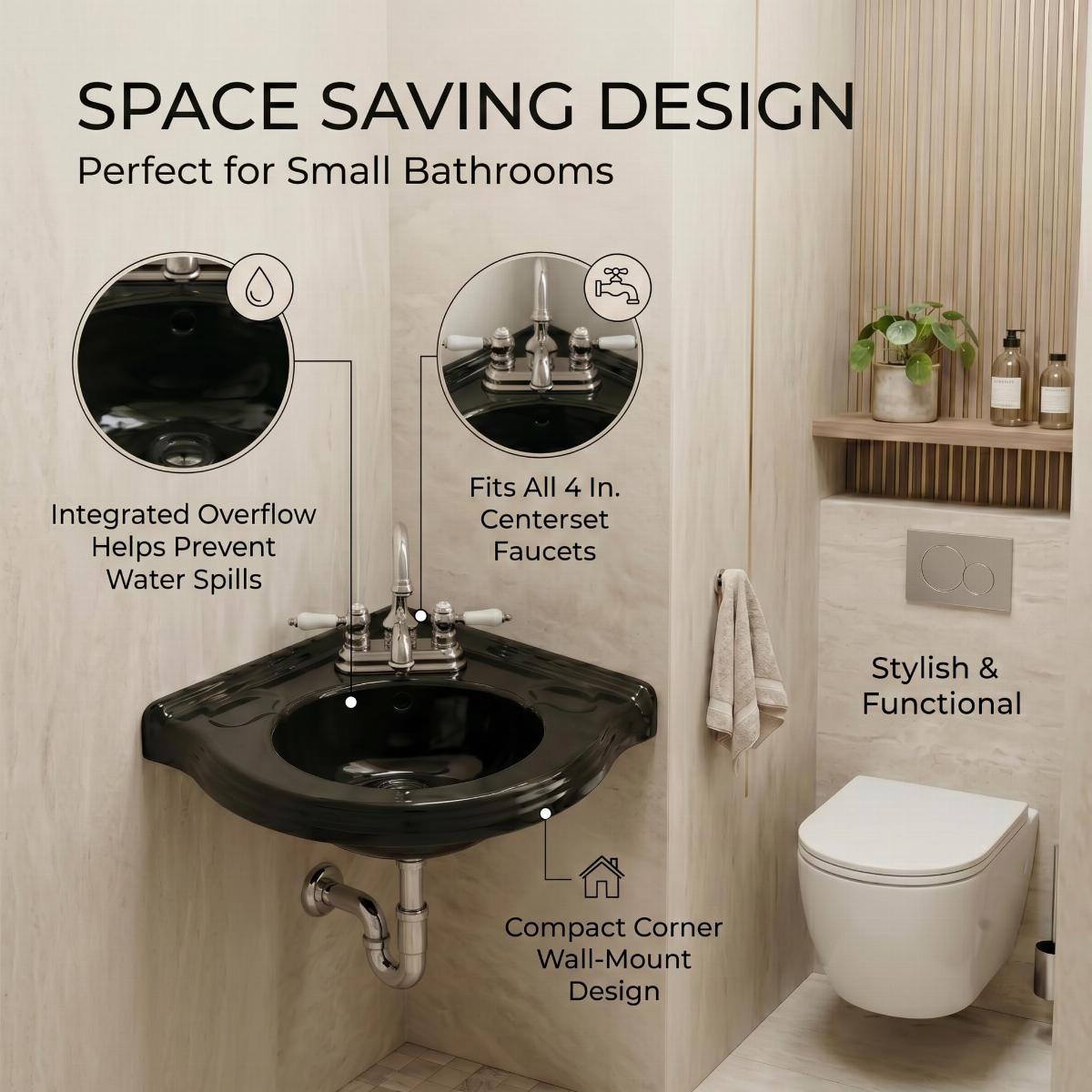 Small Corner Bathroom Sink Wall Mount Black Centerset image-3