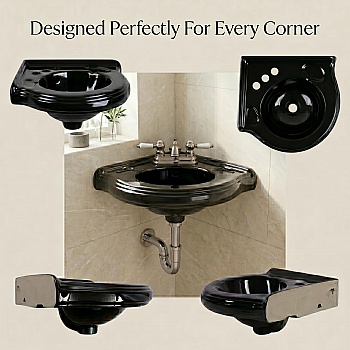 Small Corner Bathroom Sink Wall Mount Black Centerset image-5