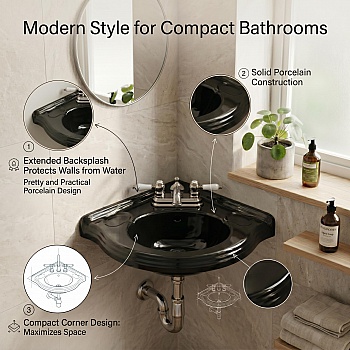 Small Corner Bathroom Sink Wall Mount Black Centerset image-6