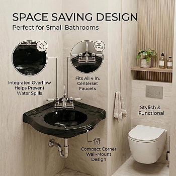Small Corner Bathroom Sink Wall Mount Black Centerset image-3