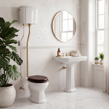 Aspen High Tank Pull Chain Bathroom Toilet White Round Bowl Brass Pipes Rear Entry L-Pipe Heavy Duty Porcelain 