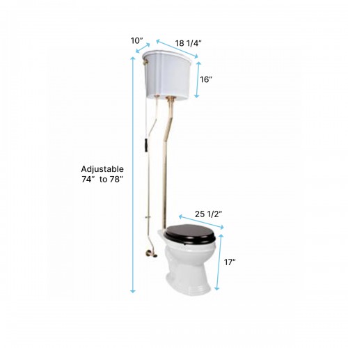 Aspen High Tank Pull Chain Bathroom Toilet White Round Bowl Brass Pipes Rear Entry L-Pipe Heavy Duty Porcelain image-12