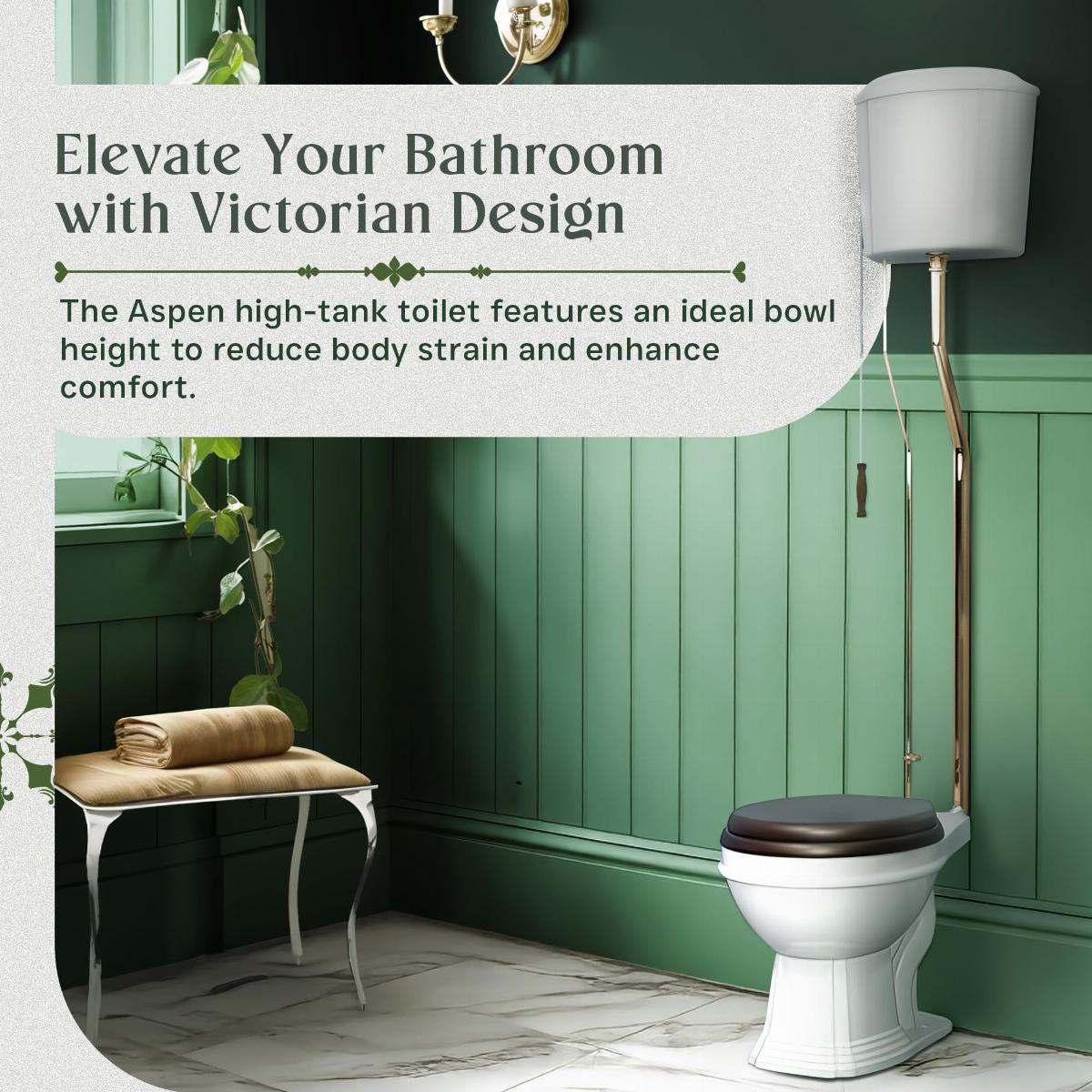 Aspen High Tank Pull Chain Toilet White Ceramic Tank Elongated Rear Entry Bowl Brass Pipes and Hardware ADA Compliant image-5