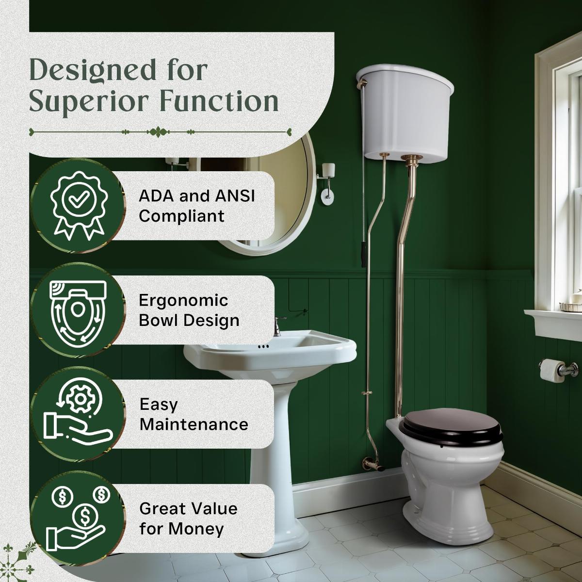 Aspen High Tank Pull Chain Toilet White Ceramic Tank Elongated Rear Entry Bowl Brass Pipes and Hardware ADA Compliant image-3