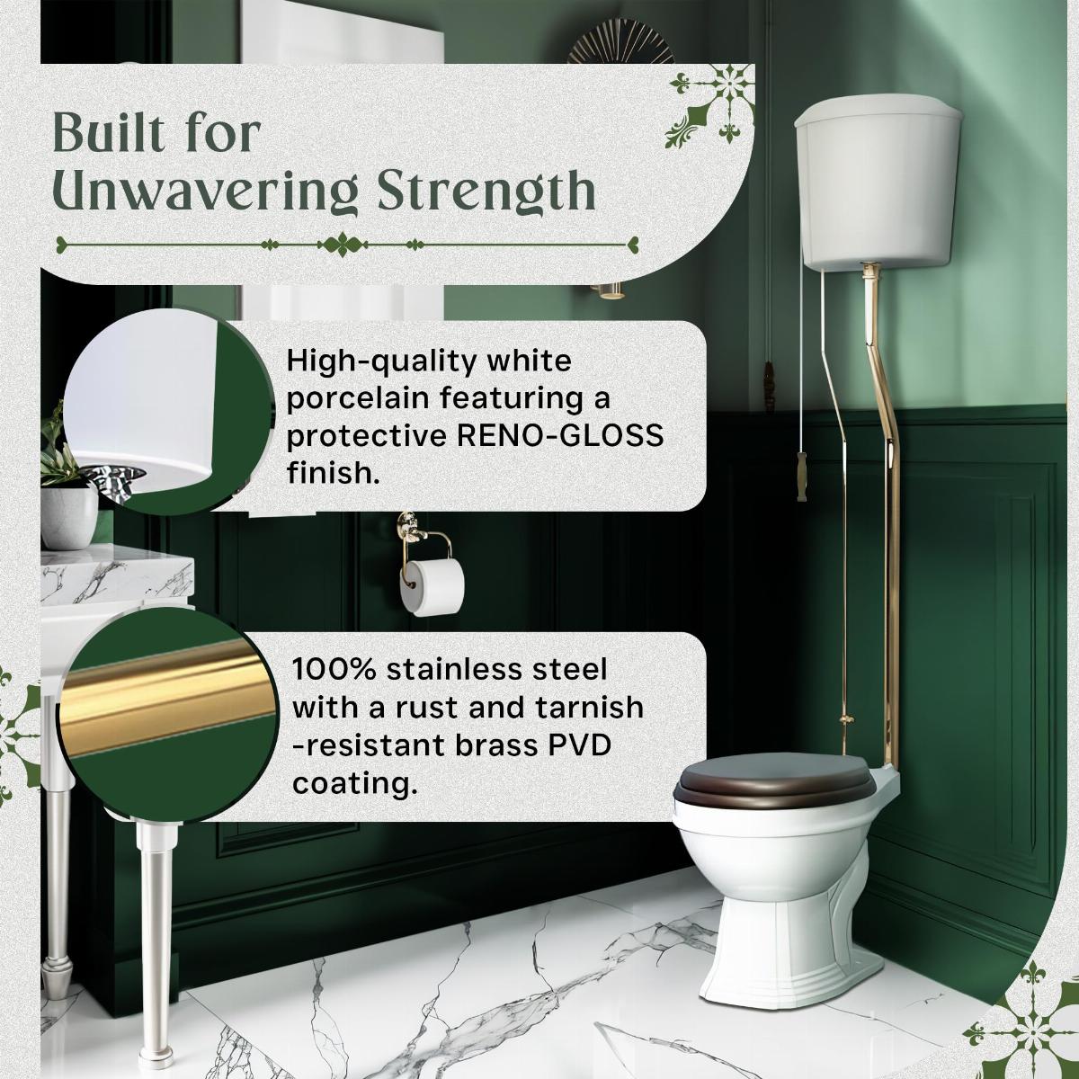 Aspen High Tank Pull Chain Toilet White Ceramic Tank Elongated Rear Entry Bowl Brass Pipes and Hardware ADA Compliant image-4