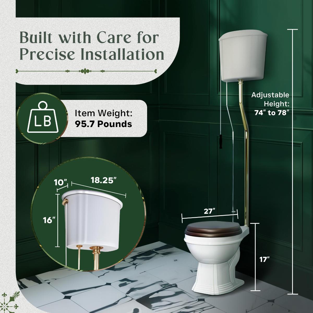 Aspen High Tank Pull Chain Toilet White Ceramic Tank Elongated Rear Entry Bowl Brass Pipes and Hardware ADA Compliant image-2