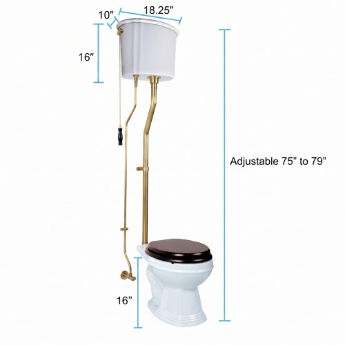 Aspen High Tank Pull Chain Toilet White Ceramic Tank Elongated Rear Entry Bowl Brass Pipes and Hardware ADA Compliant image-15
