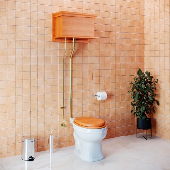 Antique Light Oak Finish High Tank Pull Chain Toilet Wooden Flat Tank Round Rear Entry Porcelain Bowl And Brass L Pipes Adjustable Height 70" - 74" With Hardware 