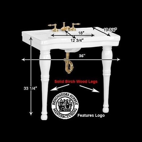 Belle Epoque 36" Console Bathroom Sink White with 2 Spindle Legs and Overflow with Pre-Drilled Widespread Faucet Holes image-15