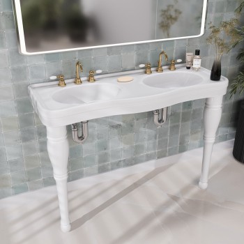 Belle Epoque 46 3/4" Double Basin Console Bathroom Sink White with 2 Spindle Legs and Overflow 