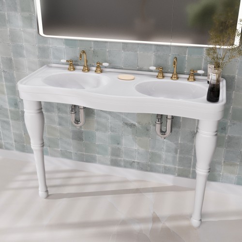 Belle Epoque 46 3/4" Double Basin Console Bathroom Sink White with 2 Spindle Legs and Overflow image-2