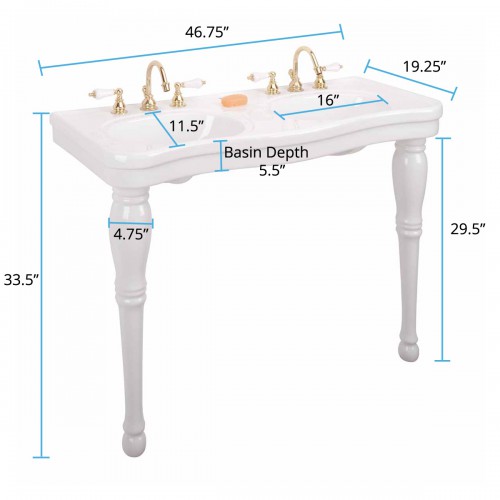 Belle Epoque 46 3/4" Double Basin Console Bathroom Sink White with 2 Spindle Legs and Overflow image-13