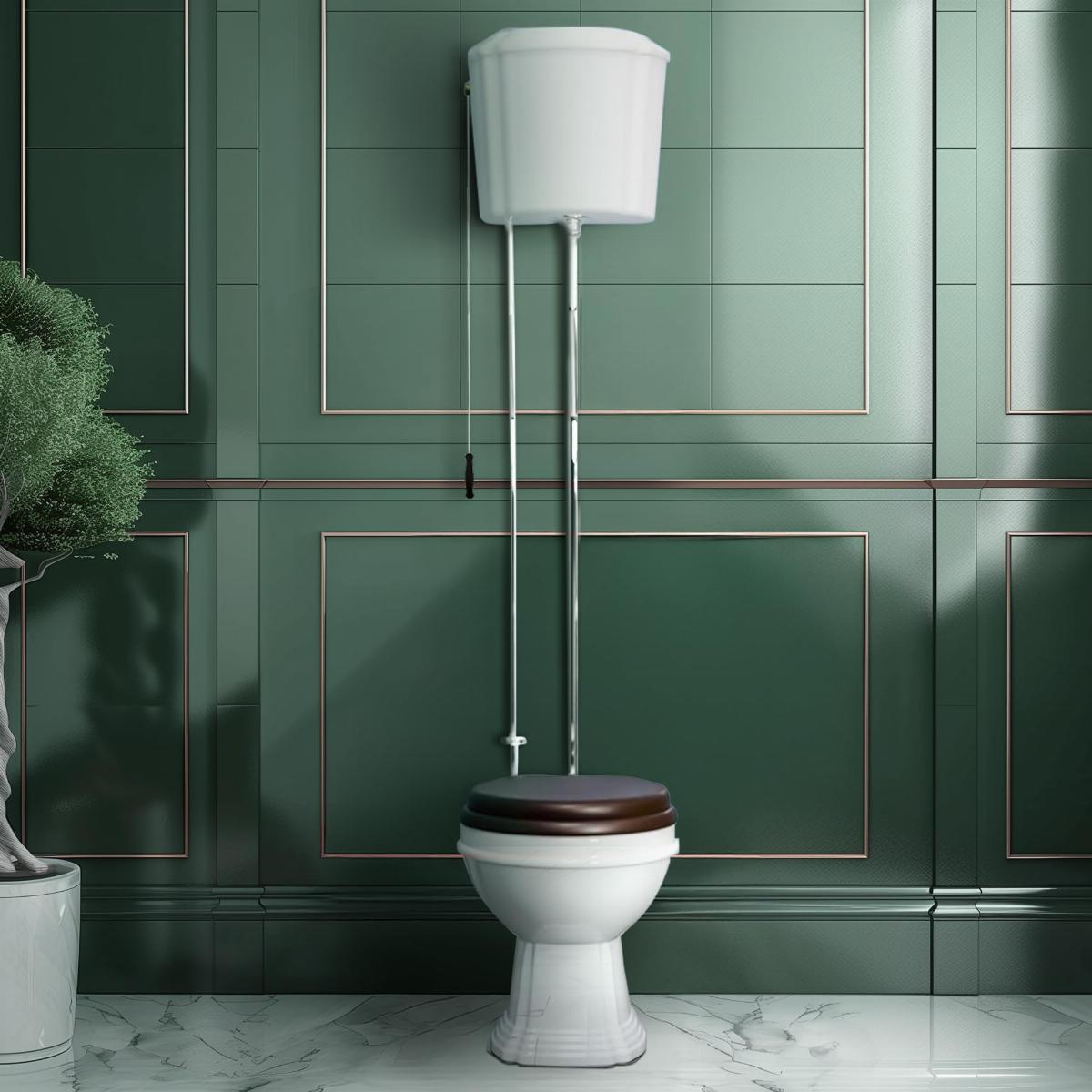 Aspen High Tank Pull Chain Toilet White Ceramic Tank Elongated Rear Entry Bowl Chrome Pipes and Hardware image-7