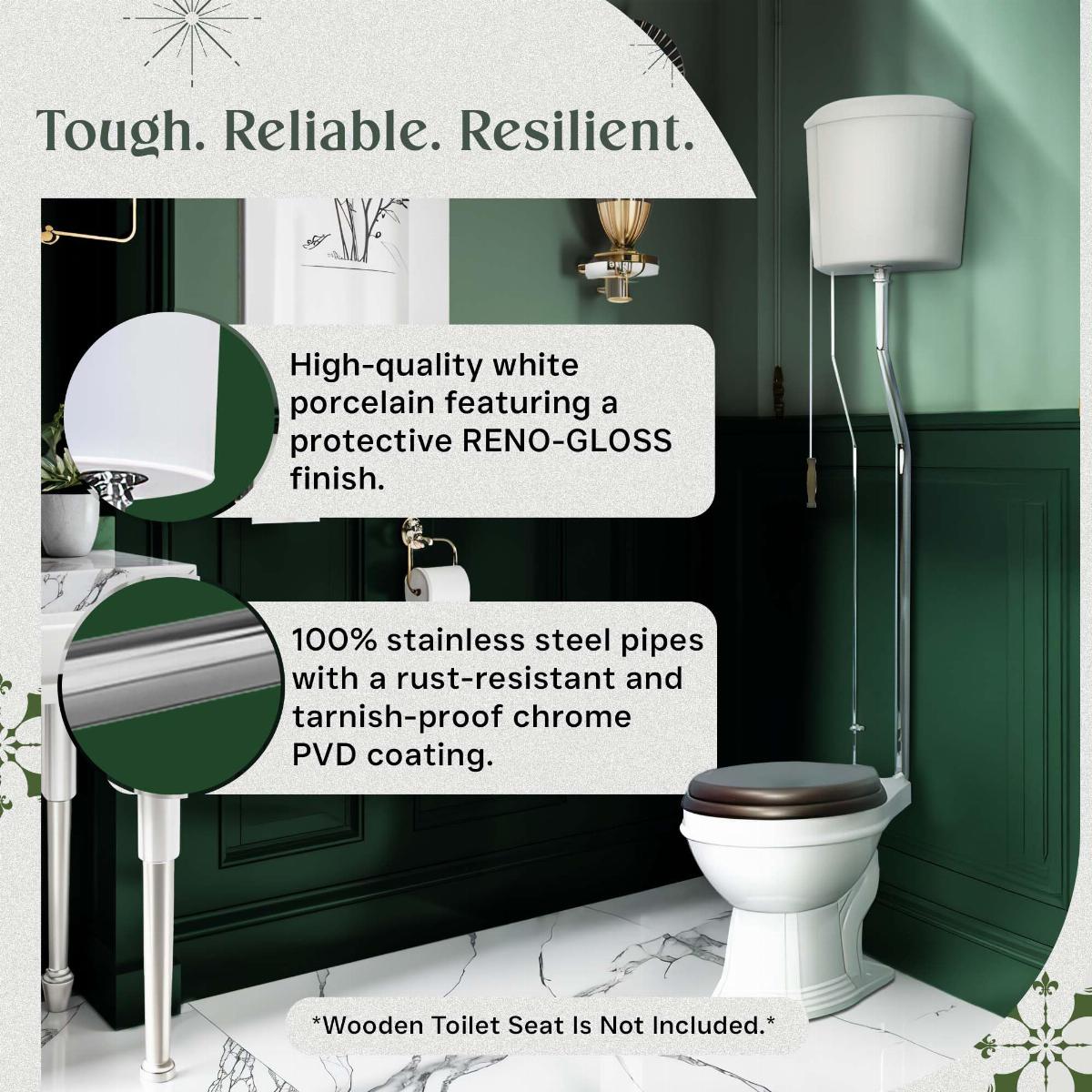 Aspen High Tank Pull Chain Toilet White Ceramic Tank Elongated Rear Entry Bowl Chrome Pipes and Hardware image-4