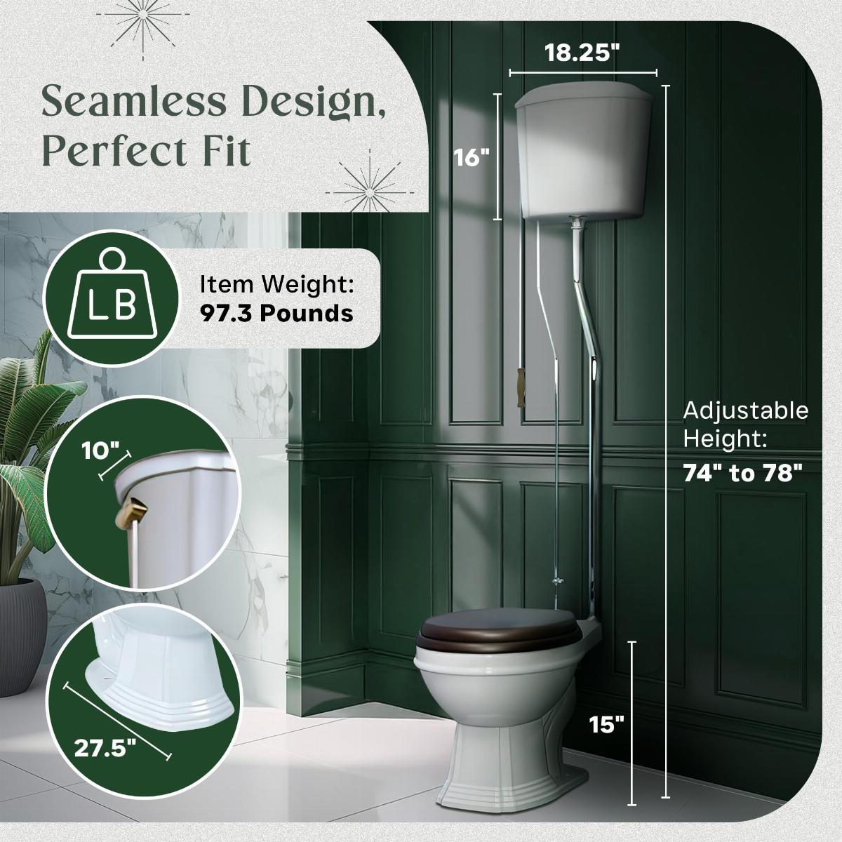 Aspen High Tank Pull Chain Toilet White Ceramic Tank Elongated Rear Entry Bowl Chrome Pipes and Hardware image-3