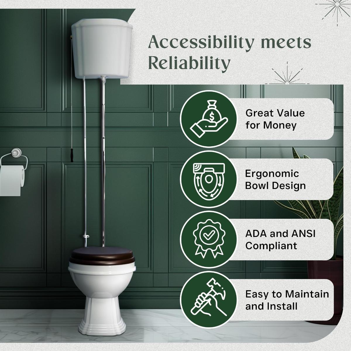 Aspen High Tank Pull Chain Toilet White Ceramic Tank Elongated Rear Entry Bowl Chrome Pipes and Hardware image-2