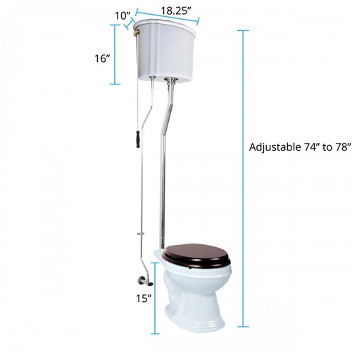 Aspen High Tank Pull Chain Toilet White Ceramic Tank Elongated Rear Entry Bowl Chrome Pipes and Hardware image-17