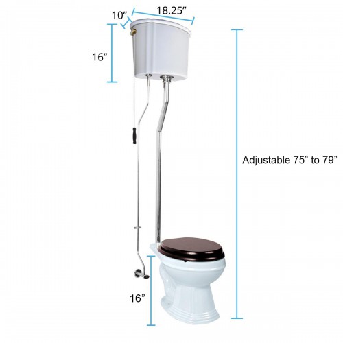 Aspen High Tank Pull Chain Toilet White Ceramic Tank Elongated Rear Entry Bowl Chrome Pipes and Hardware image-17