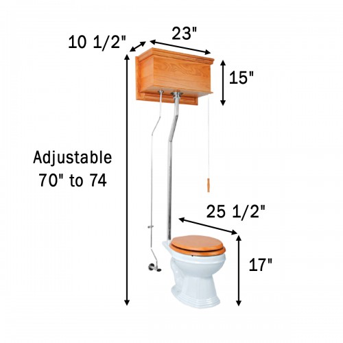 Light Oak Flat High Tank Pull Chain Toilet White Round Bowl image-8