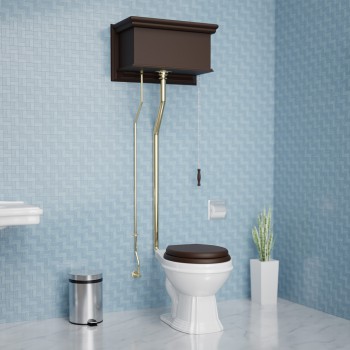 Dark Oak High Tank Pull Chain Toilet Elongated Brass Flat Panel Tank 