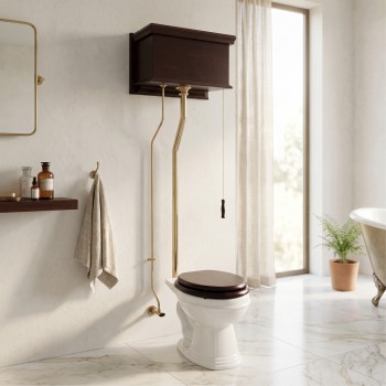 Dark Oak High Tank Pull Chain Toilet Elongated Brass Flat Panel Tank 