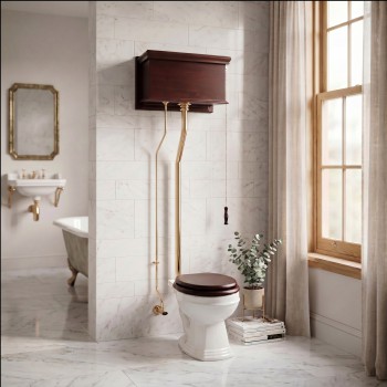 Dark Oak High Tank Pull Chain Toilet Elongated Brass Flat Panel Tank 