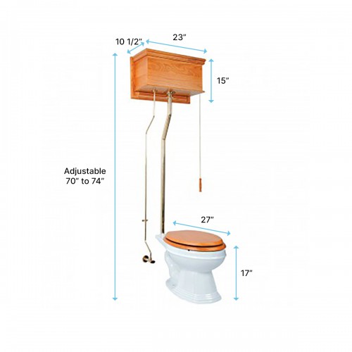 White Elongated High Tank Pull Chain Toilet with Light Oak Wooden Tank image-11