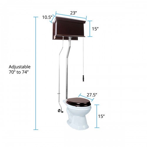 Dark Oak High Tank Toilet with White Elongated Bowl and Chrome L-Pipe image-10