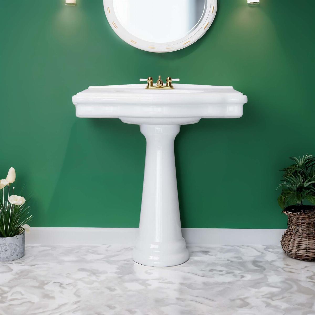 White Pedestal Bathroom Sink Porcelain 34" L Centerset Faucet Hole Wall Mount image-7
