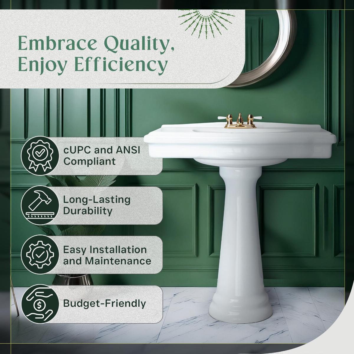 White Pedestal Bathroom Sink Porcelain 34" L Centerset Faucet Hole Wall Mount image-3