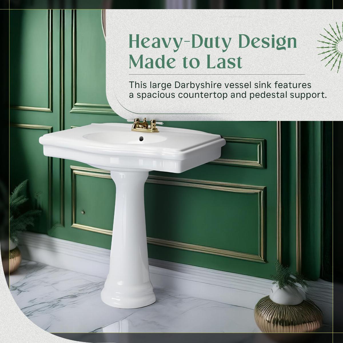 White Pedestal Bathroom Sink Porcelain 34" L Centerset Faucet Hole Wall Mount image-5