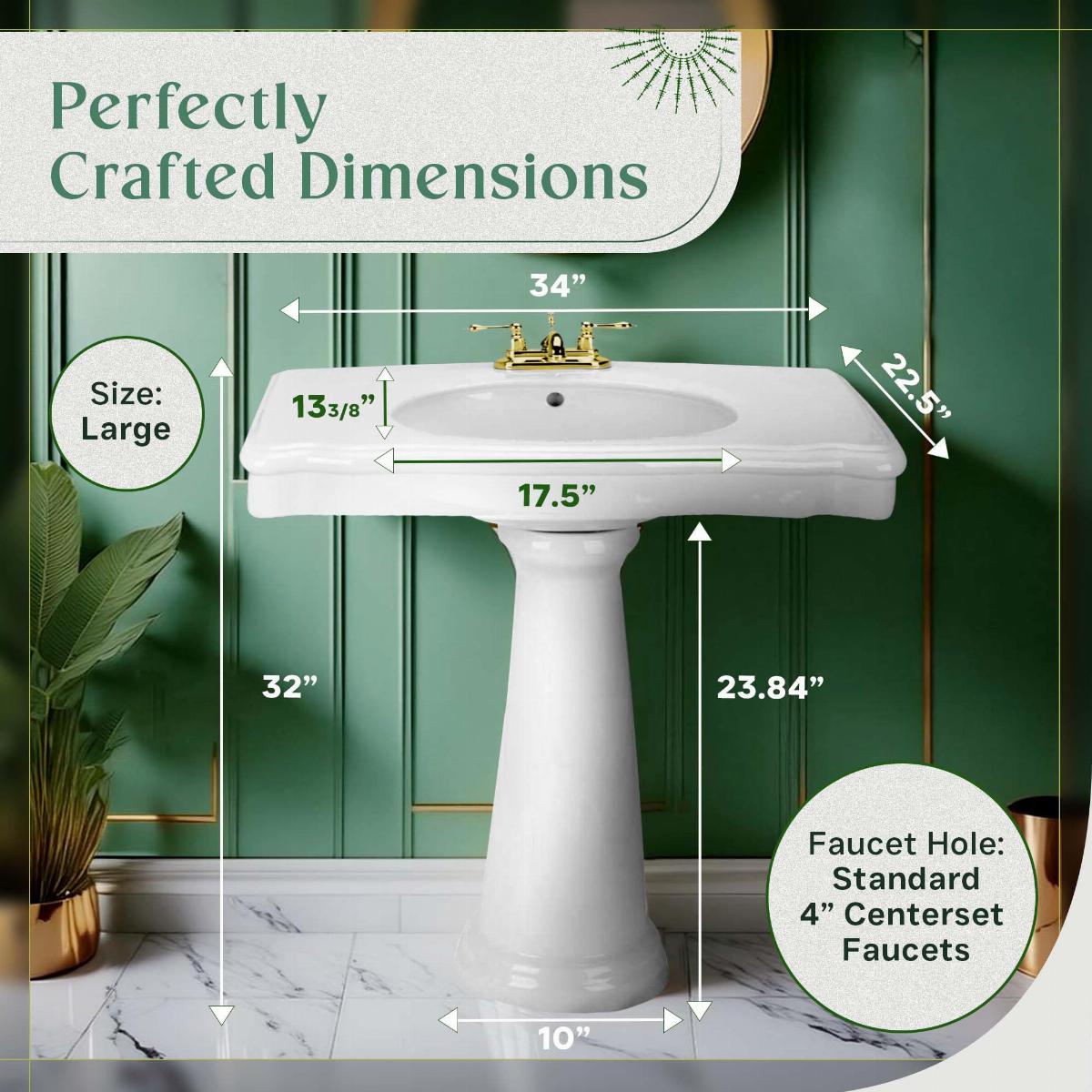 White Pedestal Bathroom Sink Porcelain 34" L Centerset Faucet Hole Wall Mount image-4