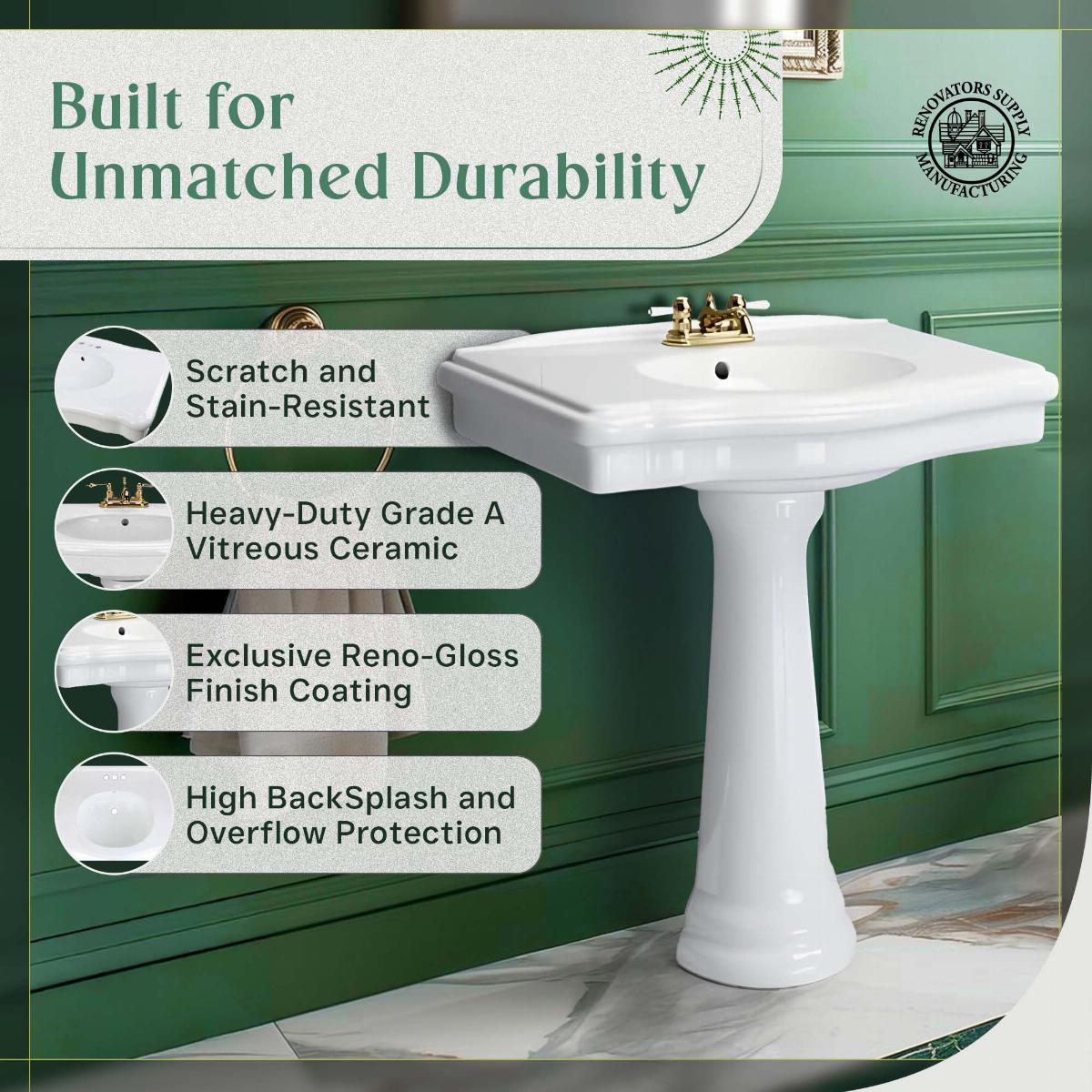 White Pedestal Bathroom Sink Porcelain 34" L Centerset Faucet Hole Wall Mount image-2