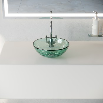 Glass Vessel Sink with Drain Frosted Green Tempered Glass Mini Bowl Sink Circle Design 