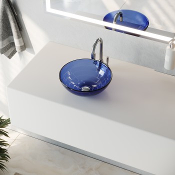 Mini Vessel Sink with Drain Frosted Blue Tempered Glass Circle Design Bowl Sink 