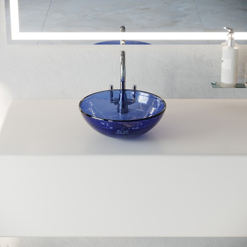Mini Vessel Sink with Drain Frosted Blue Tempered Glass Circle Design Bowl Sink image-2
