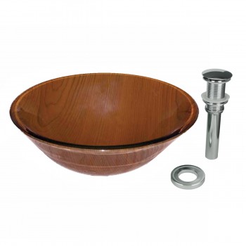 Tempered Glass Vessel Sink with Drain, Wood Grain Hat Shaped Bowl Sink 