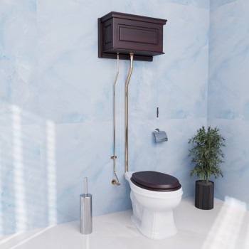 Antique Dark Oak Finish High Tank Pull Chain Toilet Wooden Raised Tank 