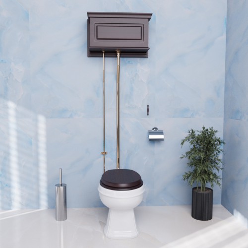 Antique Dark Oak Finish High Tank Pull Chain Toilet Wooden Raised Tank image-2