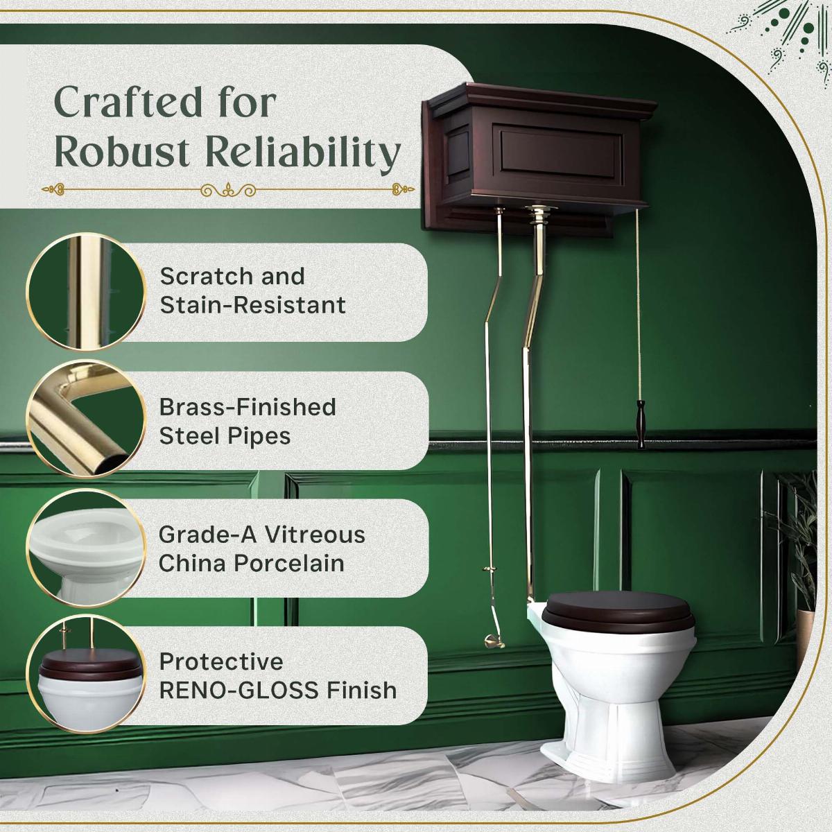 Dark Oak High Tank L-Pipe Toilet Elongated White Bowl image-4