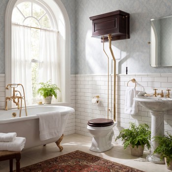 Dark Oak High Tank L-Pipe Toilet Elongated White Bowl 