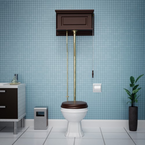 Dark Oak High Tank L-Pipe Toilet Elongated White Bowl image-2