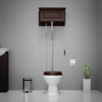 Dark Oak High Tank Pull Chain Toilet White Elongated Bowl 74" 
