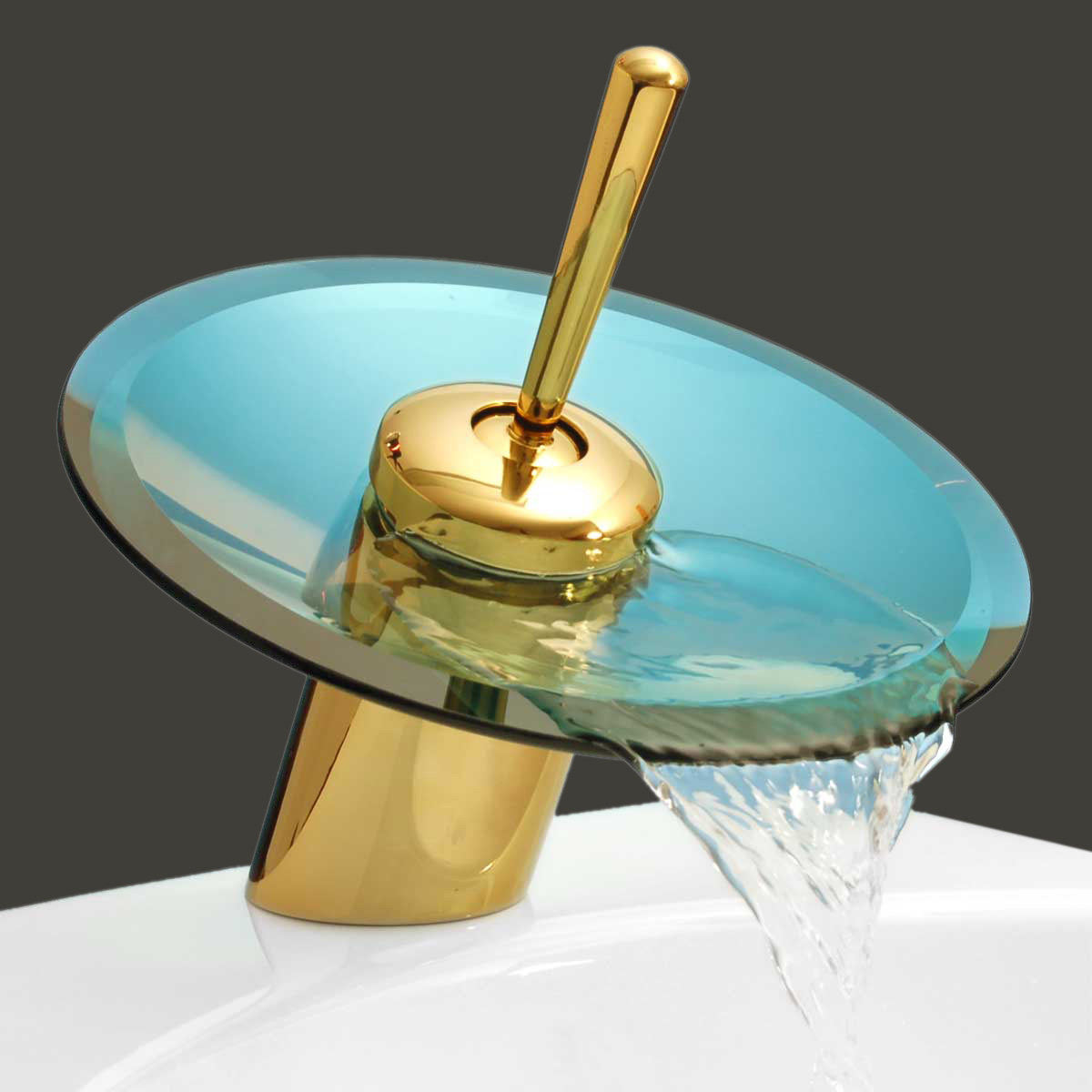 Waterfall Faucet Heavy Cast PVD Brass 7" Light Blue Glass