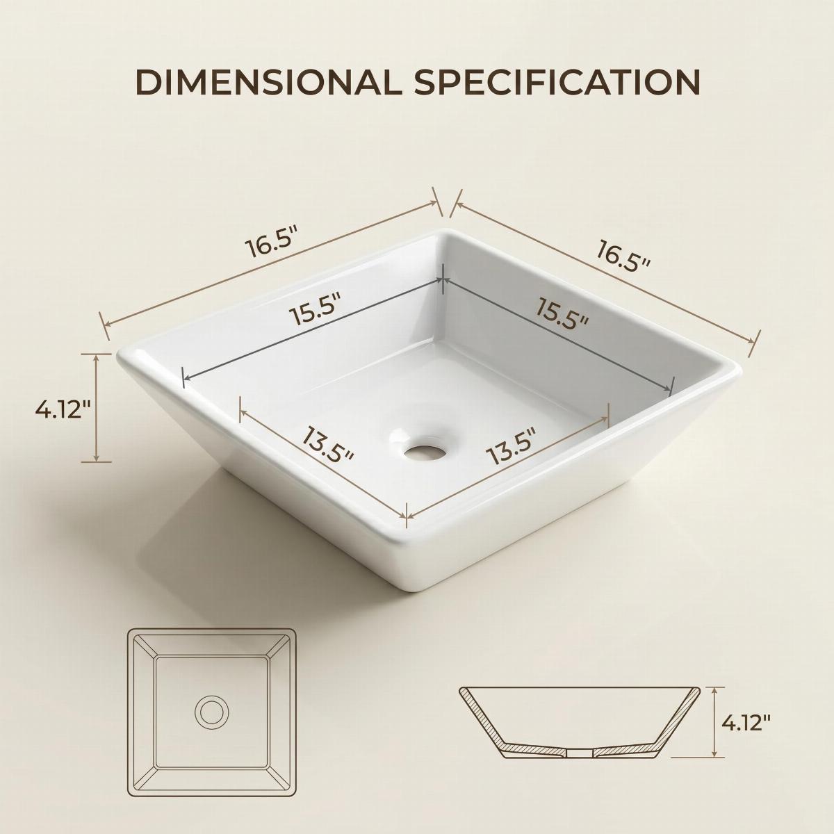 Castle 16 1/2" Square Countertop Vessel Bathroom Sink White image-4