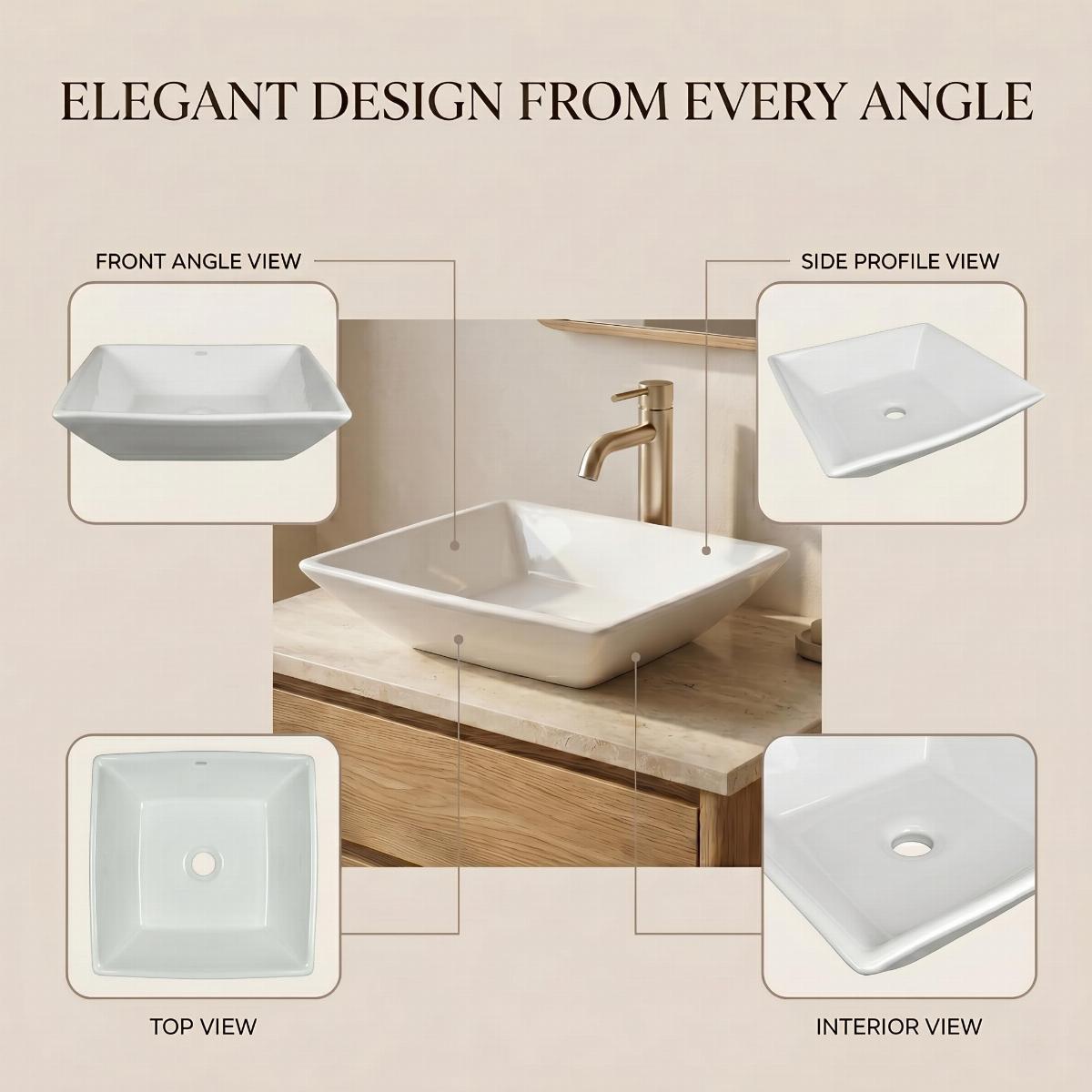 Castle 16 1/2" Square Countertop Vessel Bathroom Sink White image-6