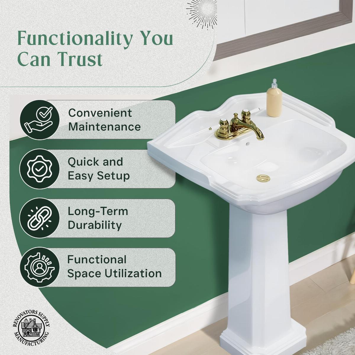 White Widespread Pedestal Sink with Faucet Holes and Overflow image-5